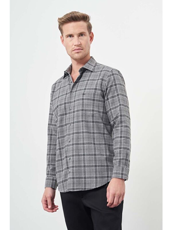 İMZA Füme Uzun Kol Ekose Desen Gabardin Sert Yaka Cepli Pamuklu Classic Comfort Fit Gömlek 1004245170
