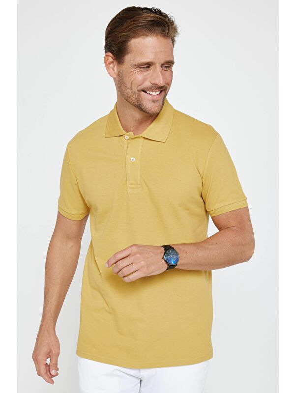 TUDORS Erkek Slim Fit Dar Kesim %100 Pamuk Düz Pike Hardal Polo Yaka Tişört
