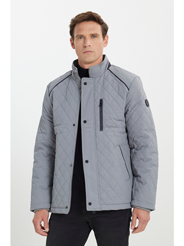 Altınyıldız Classics Erkek Gri Standart Fit Normal Kesim Dik Yaka Kapitone Desenli Çıtçıtlı Yan Cepli Overcoat