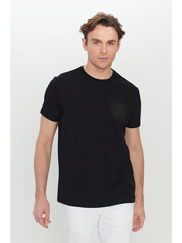 Altınyıldız Classics Erkek Siyah Pamuklu Slim Fit Dar Kesim Baskılı Esnek Tişört