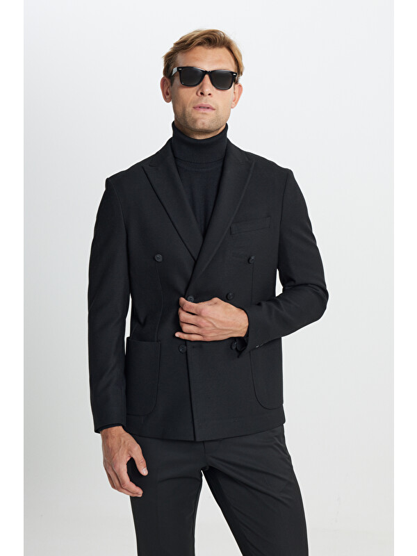 Altınyıldız Classics Erkek Siyah  Dar Kesim Kırlangıç Yaka Diagonal Desenli Torba Cepli Blazer Ceket