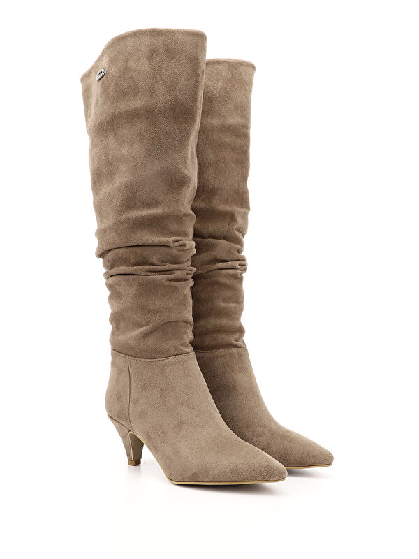 Gonderi(r) Kahverengi Gonderi(r) Sivri Burun Kadın Körüklü İnce Topuklu Diz Üstü Çizme