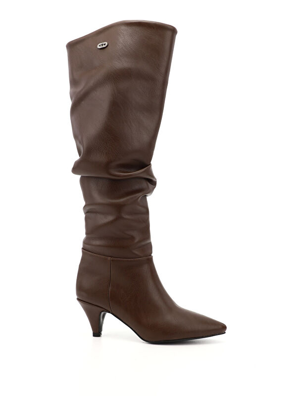 Kadın ÇİKOLATA KAHVE Sivri Burun Körüklü İnce Topuklu Diz Üstü Çizme - Görsel 2