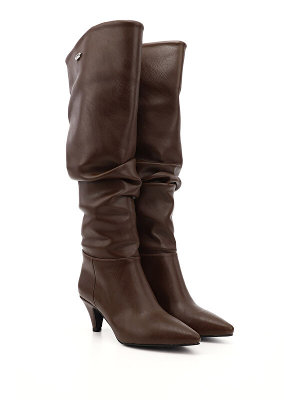 Kadın ÇİKOLATA KAHVE Sivri Burun Körüklü İnce Topuklu Diz Üstü Çizme - Görsel 3