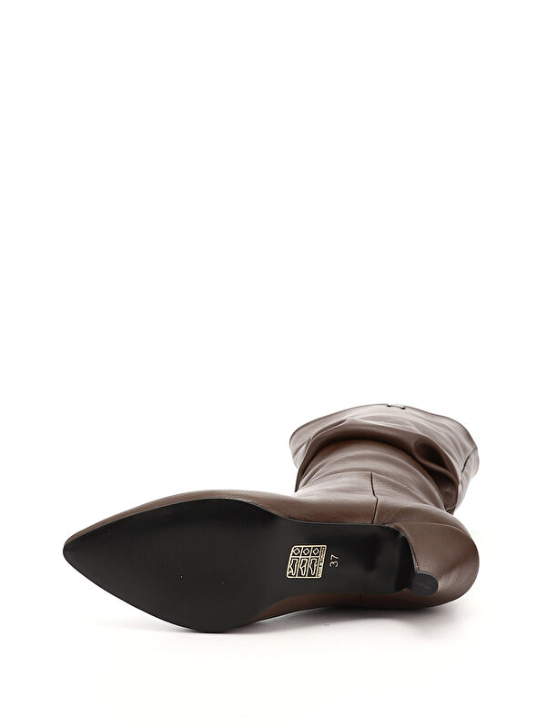 Kadın ÇİKOLATA KAHVE Sivri Burun Körüklü İnce Topuklu Diz Üstü Çizme - Görsel 5