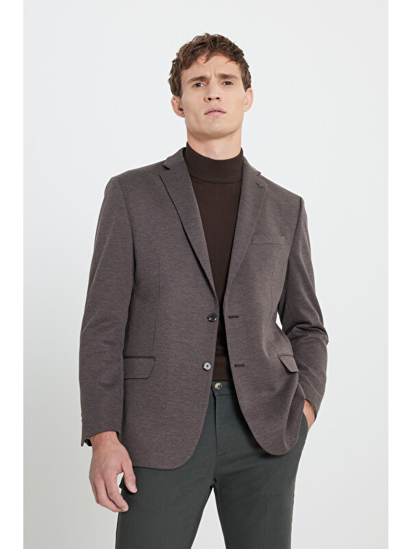 Altınyıldız Classics Erkek Kahverengi  Rahat Kesim Mono Yaka Kareli Kapak Cepli Blazer Ceket
