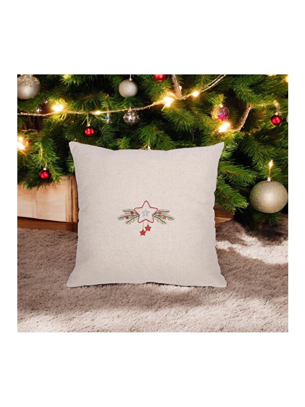Asdiva Nakışlı  Yılbaşı konsepti Keten kumaş Yıldız Desen 45x45 Dekoratif Kırlent Kılıfı Krem
