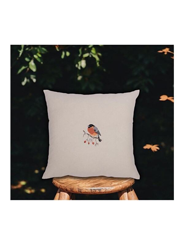 Asdiva Nakışlı   Hambez kumaş Kuş Desen 45x45 Dekoratif Kırlent Kılıfı Krem