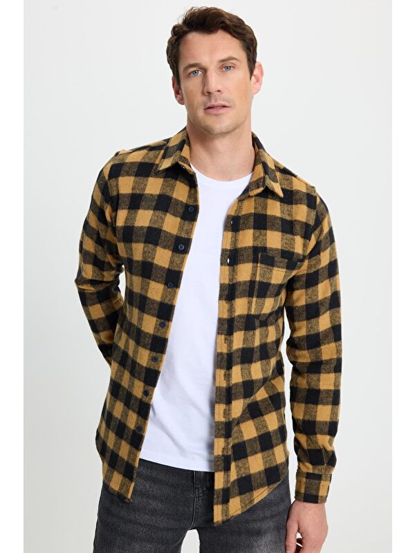 TUDORS Erkek Slim Fit Dar Kesim Uzun Kollu Cepli Kareli Dama Desenli Kışlık Oduncu Gömlek