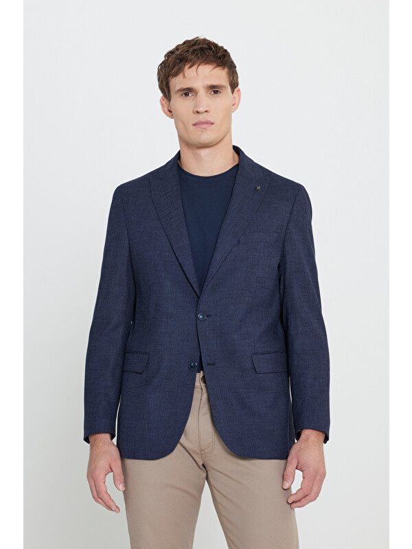 Altınyıldız Classics Erkek Lacivert  Rahat Kesim Kırlangıç Yaka Armürlü Kapak Cepli Blazer Ceket