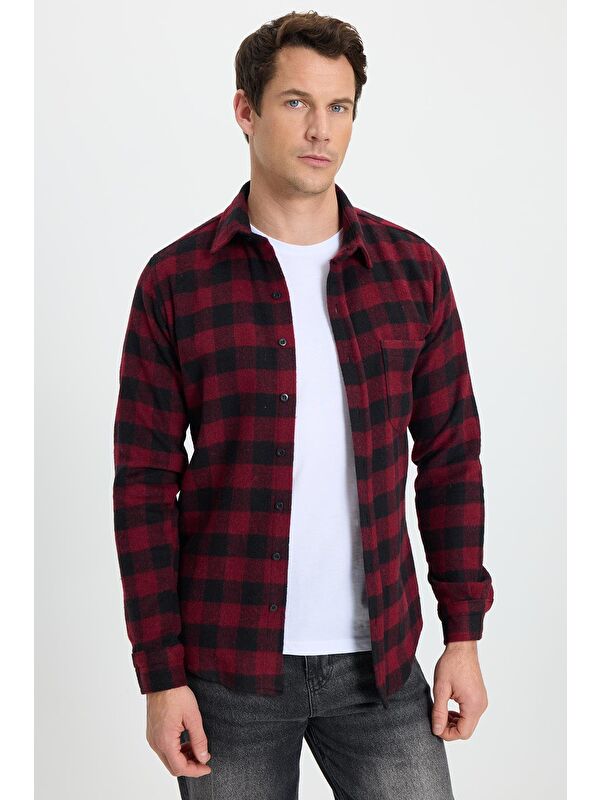 TUDORS Erkek Slim Fit Dar Kesim Uzun Kollu Cepli Kareli Dama Desenli Kışlık Oduncu Gömlek