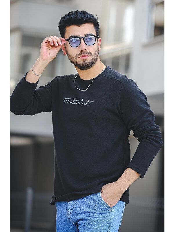 Oksit Baskılı Selanik Pamuklu Slim Fit Likralı Sıfır Yaka Erkek Sweatshirt