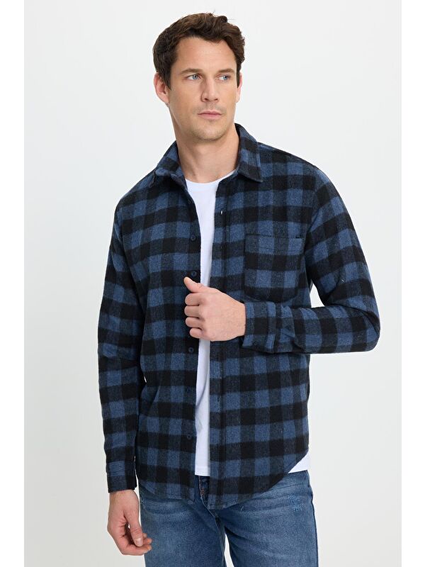TUDORS Erkek Slim Fit Dar Kesim Uzun Kollu Cepli Kareli Dama Desenli Kışlık Oduncu Gömlek