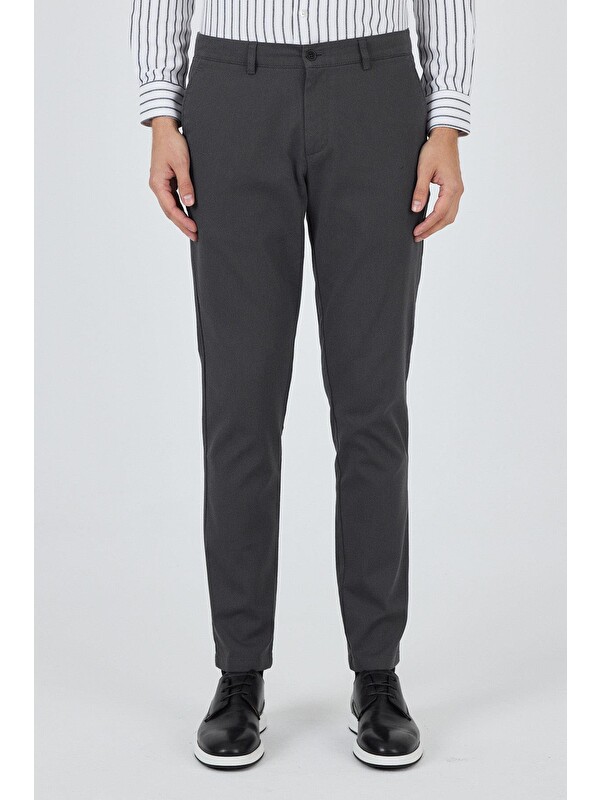 İMZA Koyu Antrasit Desenli Armürlü Yan Cep Düz Paça Comfort Fit Pamuklu Casual  Chino Pantolon 1003250122