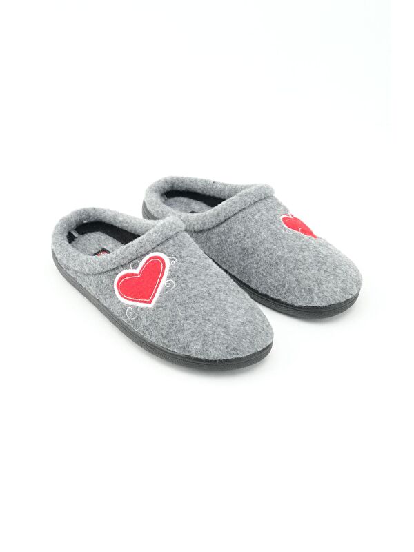 Kışlık Kadın Ev Bahçe Comfort Taban Nakışlı Kalp Desenli Keçe Terlik - Görsel 4