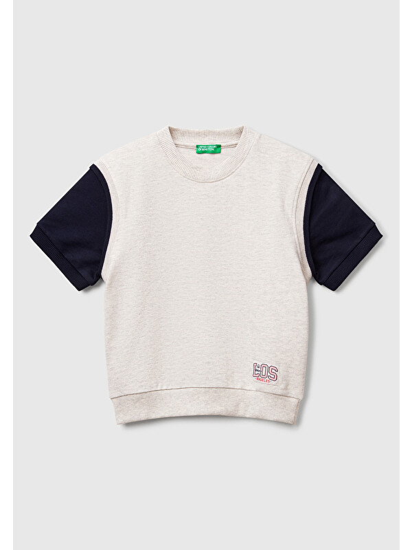 United Colors Of Benetton Erkek Bebek Açık Gri Melanj Logo Baskılı Yelek Efektli Kısa Kollu Sweatshirt