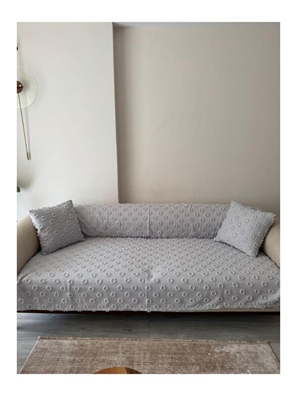 Çeyiz Diyarı Konik Kırlent Kılıfı Hediyeli 170x210 cm Pamuklu Koltuk Örtüsü Gri