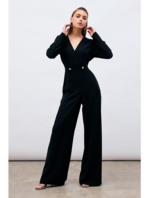 SATEEN Kruvaze Süs Taşlı Krep Tulum - Siyah