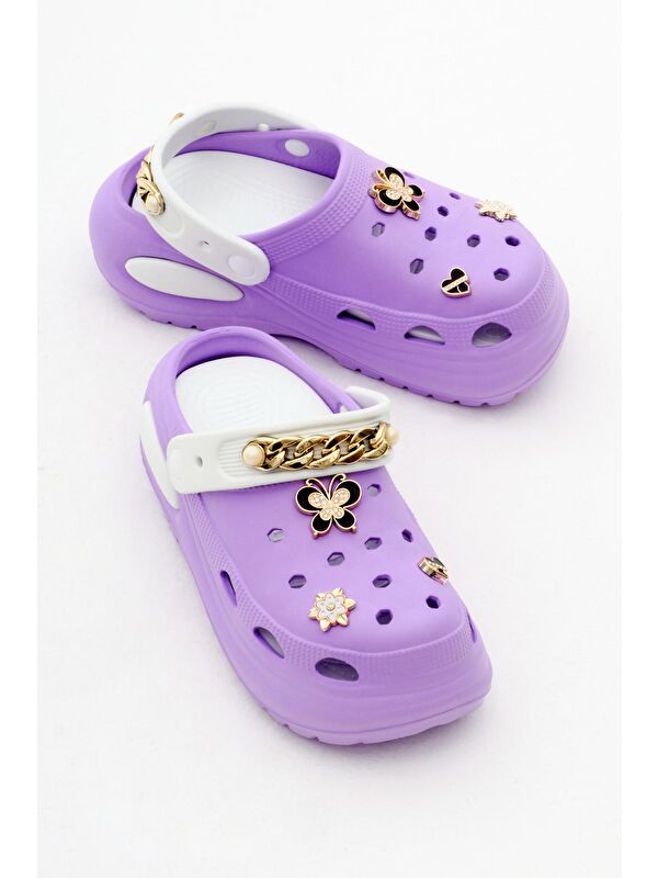 Kadın Lila Beyaz Çıkartılabilir Taban Zincir Detaylı Yüksek Taban Eva Sandalet - Görsel 4