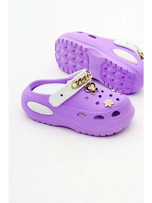 Kadın Lila Beyaz Çıkartılabilir Taban Zincir Detaylı Yüksek Taban Eva Sandalet - Görsel 5