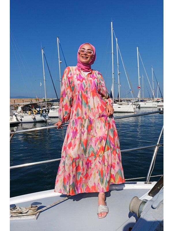 Locco Moda Sulu Boya Desen Elbise  Turuncu