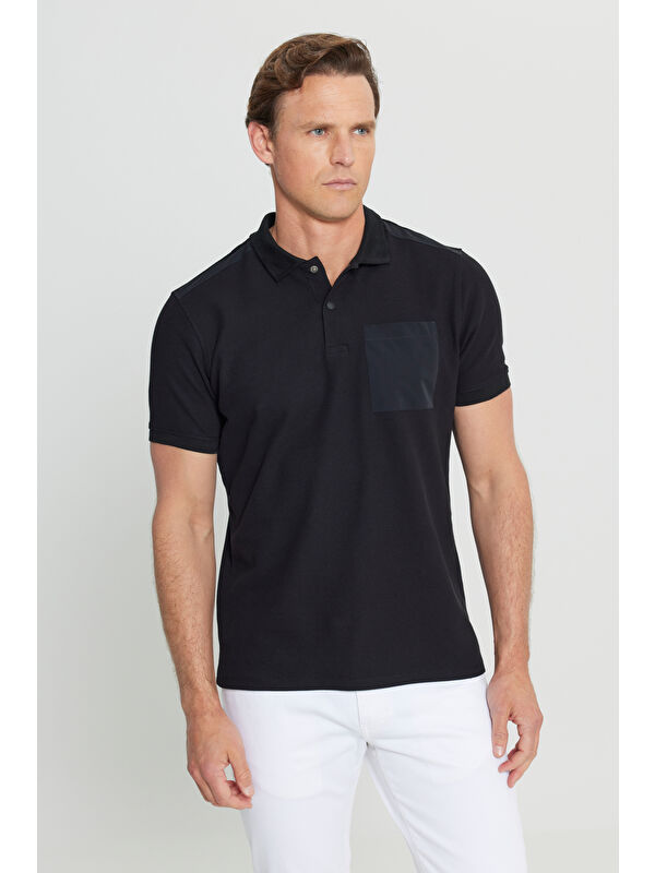 Altınyıldız Classics Erkek Siyah Pamuklu Slim Fit Dar Kesim Polo Yaka Esnek Tişört