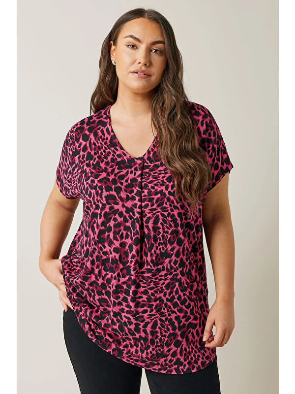 Stil Diva Büyük Beden Çentik Yaka Kısa Kollu Leopar Desenli Bluz 615606