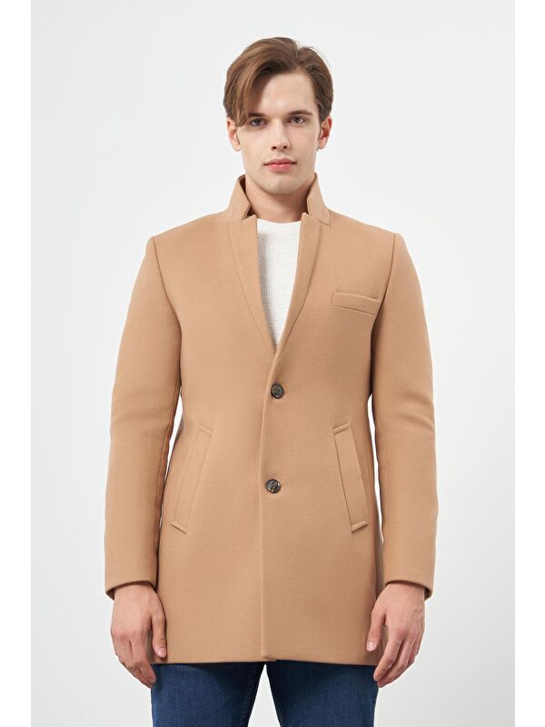 İMZA Camel Kaşe Dik Yaka Kapitoneli Astar Slim Fit Dar Kesim Klasik Kaban 1008245171