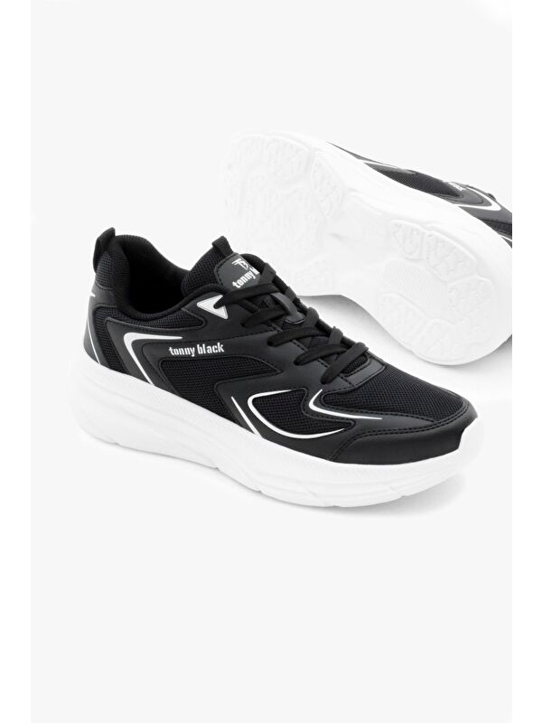 Unisex Siyah Beyaz Nefes Alabilen Kumaş Faylon Taban Bağcıklı Spor Ayakkabı - Görsel 4