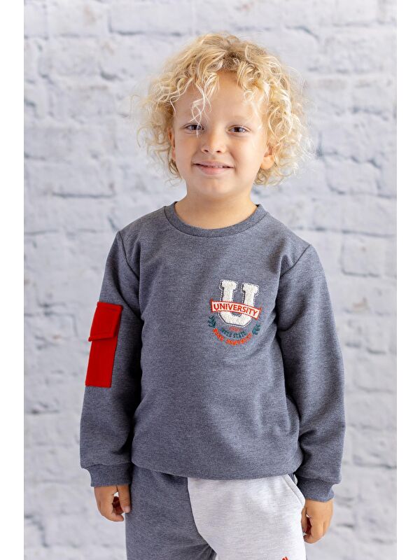 MİNİNİO Erkek Çocuk Cep Detaylı Sweatshirt - Antrasit Melanj