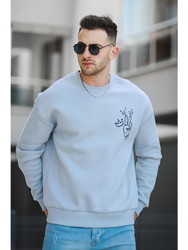 Oksit Üç İplik Şardonlu Sırt Baskılı Bisiklet Yaka  Erkek Sweatshirt