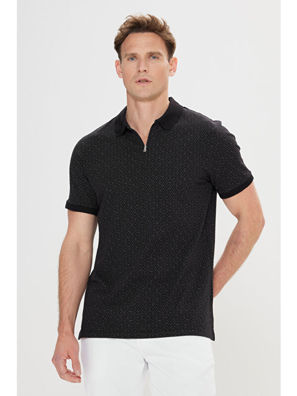 Altınyıldız Classics Erkek Siyah Slim Fit Dar Kesim %100 Pamuk Baskılı Polo Yaka Tişört