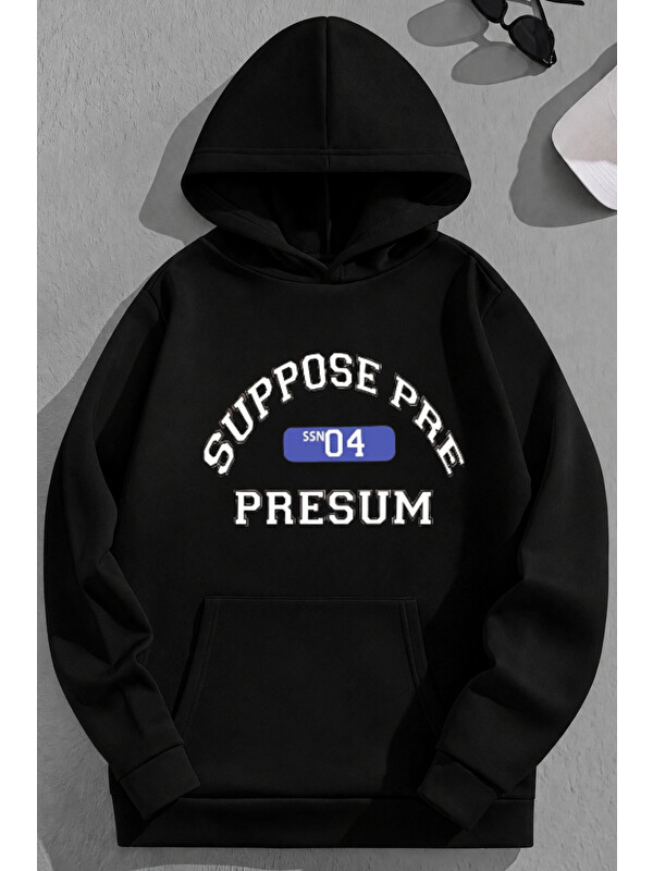 Trendseninle Unisex 3 İplik Pamuklu Siyah Suppose Baskı Bol Kalıp Sweatshirt Hoodie