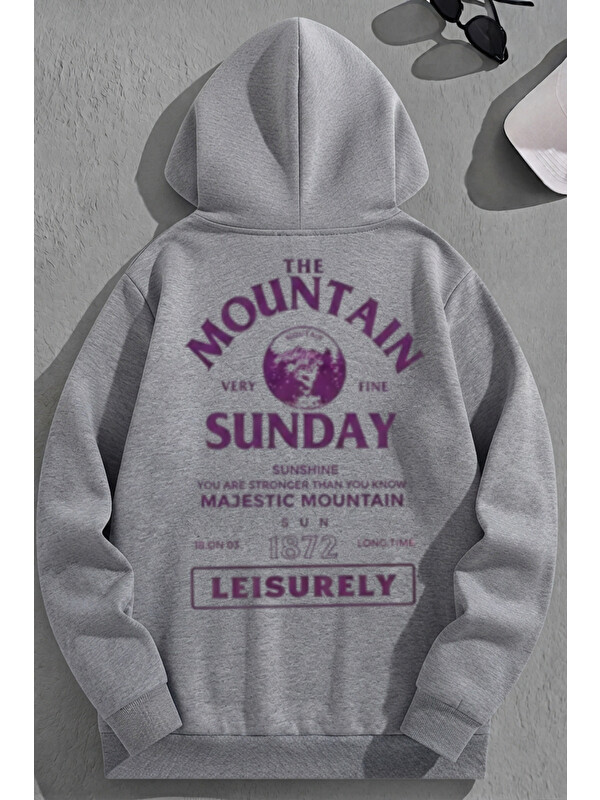 Trendseninle Unisex 3 İplik Pamuklu Gri MountainSunday Baskı Bol Kalıp Sweatshirt Hoodie