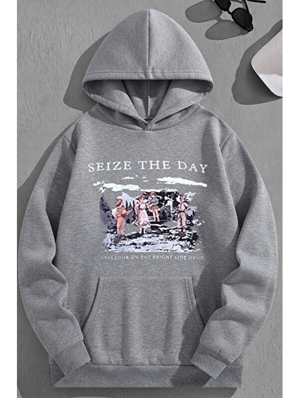 Trendseninle Unisex 3 İplik Pamuklu Gri SeizeTheDay Baskı Bol Kalıp Sweatshirt Hoodie