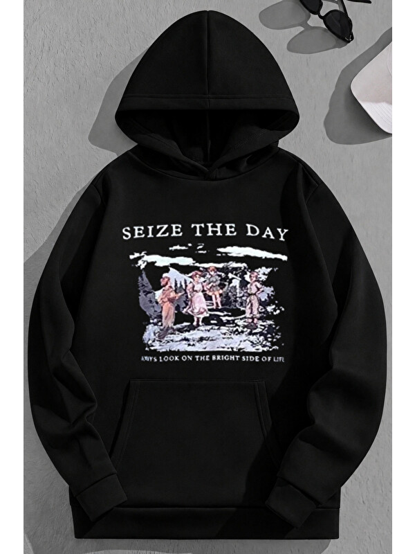 Trendseninle Unisex 3 İplik Pamuklu Siyah SeizeTheDay Baskı Bol Kalıp Sweatshirt Hoodie