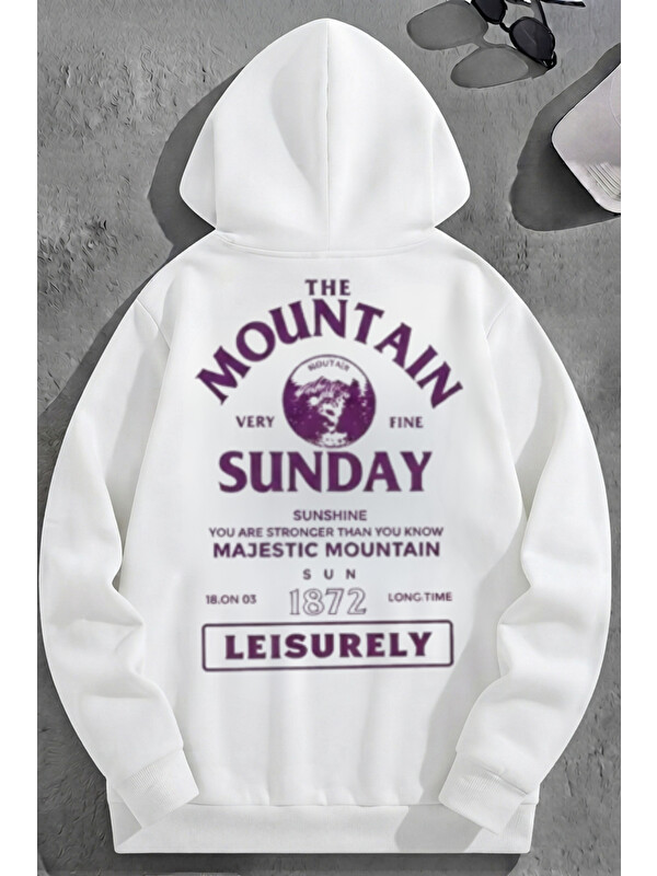 Trendseninle Unisex 3 İplik Pamuklu Beyaz MountainSunday Baskı Bol Kalıp Sweatshirt Hoodie