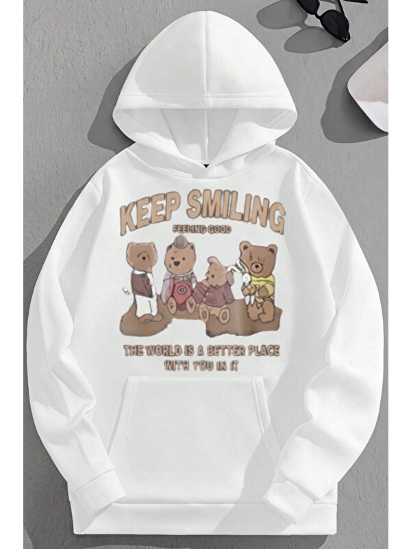 Trendseninle Unisex 3 İplik Pamuklu Beyaz KeepSmiling Baskı Bol Kalıp Sweatshirt Hoodie
