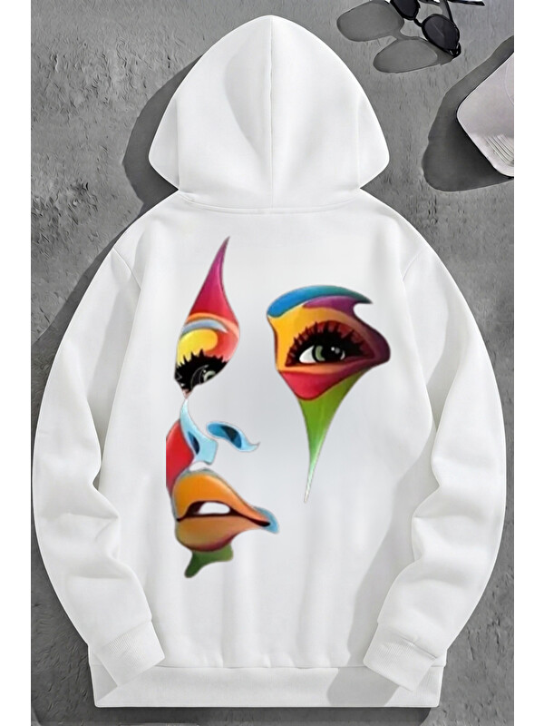 Trendseninle Unisex 3 İplik Pamuklu Beyaz RenkliYüz Baskı Bol Kalıp Sweatshirt Hoodie