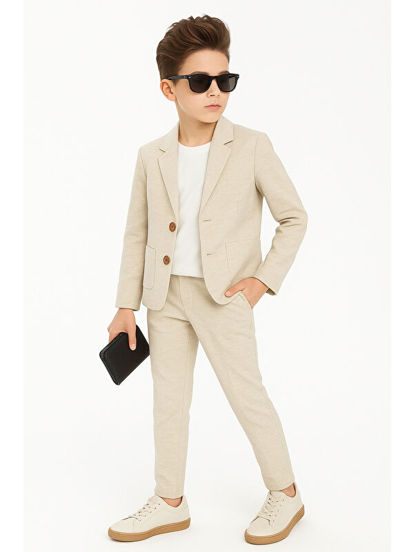 Ahengim Erkek Çocuk Casual Slim Fit Keten Takım Elbise 3’lü Set Ak2853