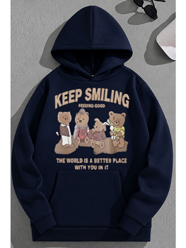 Trendseninle Unisex 3 İplik Pamuklu Lacivert KeepSmiling Baskı Bol Kalıp Sweatshirt Hoodie