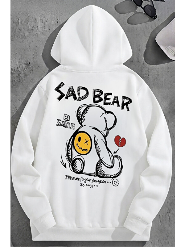 Trendseninle Unisex 3 İplik Pamuklu Beyaz SadBear Baskı Bol Kalıp Sweatshirt Hoodie
