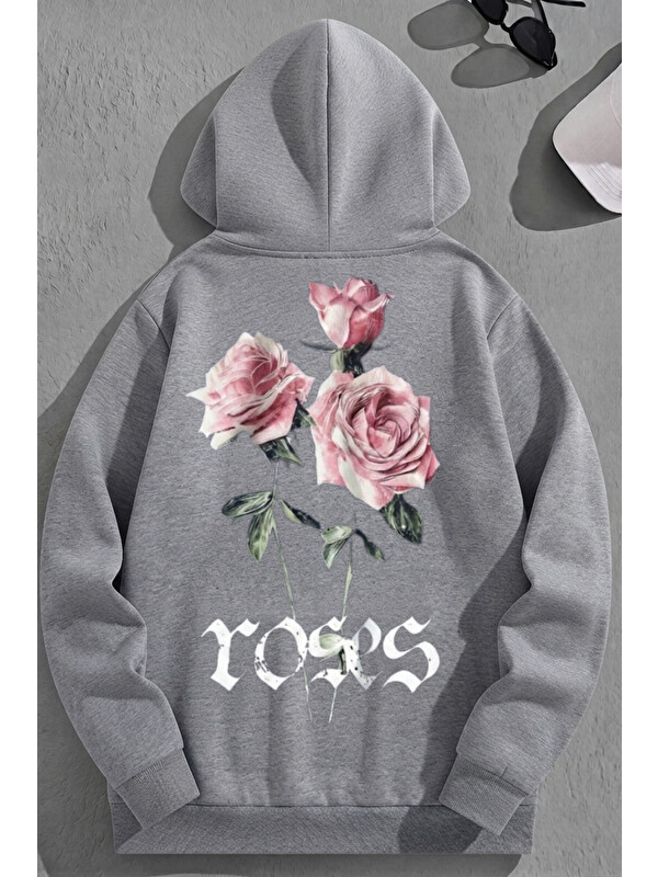 Trendseninle Unisex 3 İplik Pamuklu Gri Roses Baskı Bol Kalıp Sweatshirt Hoodie