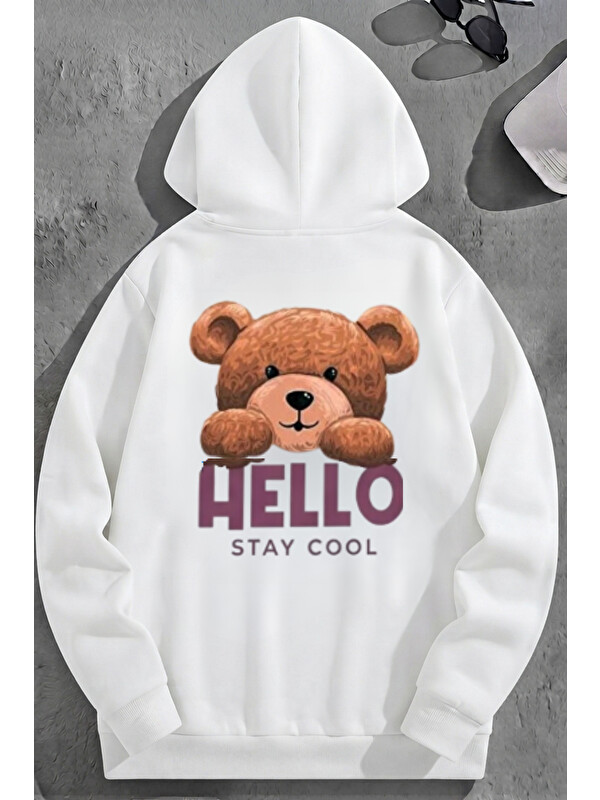 Trendseninle Unisex 3 İplik Pamuklu Beyaz HELLO Bol Kalıp Sweatshirt Hoodie