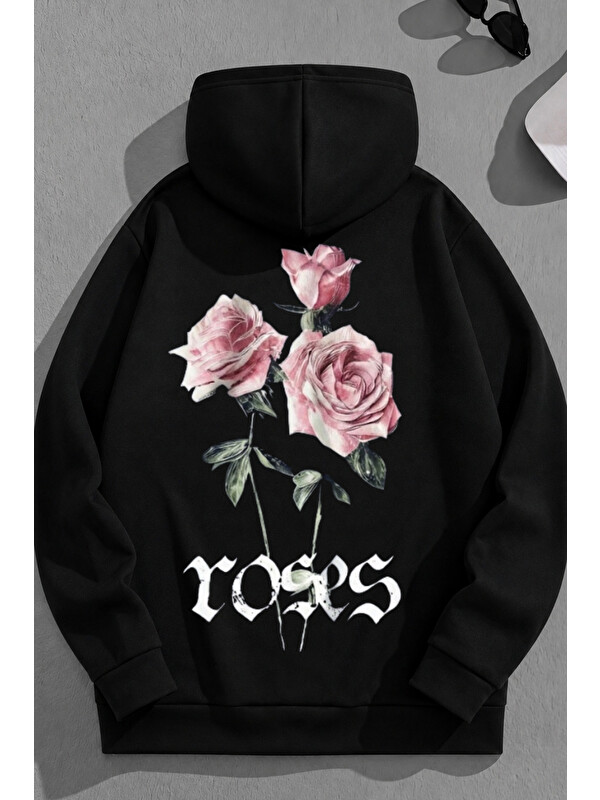 Trendseninle Unisex 3 İplik Pamuklu Siyah Roses Baskı Bol Kalıp Sweatshirt Hoodie