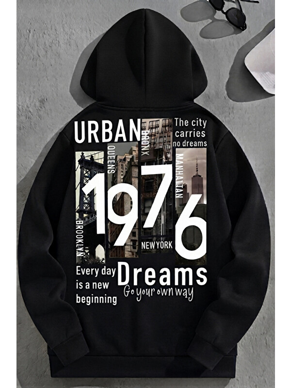 Trendseninle Unisex 3 İplik Pamuklu Siyah Urban1976 Baskı Bol Kalıp Sweatshirt Hoodie