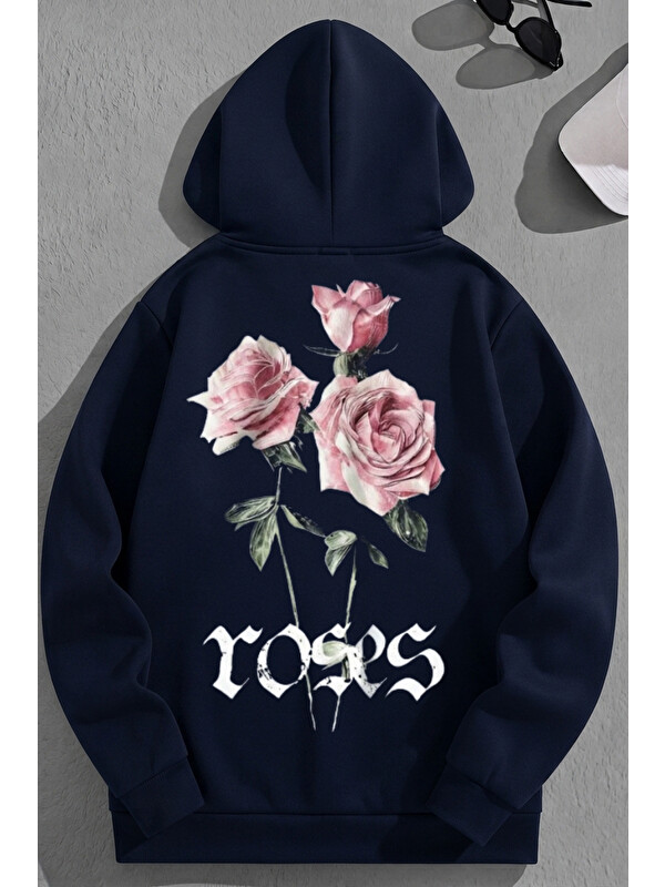 Trendseninle Unisex 3 İplik Pamuklu Lacivert Roses Baskı Bol Kalıp Sweatshirt Hoodie