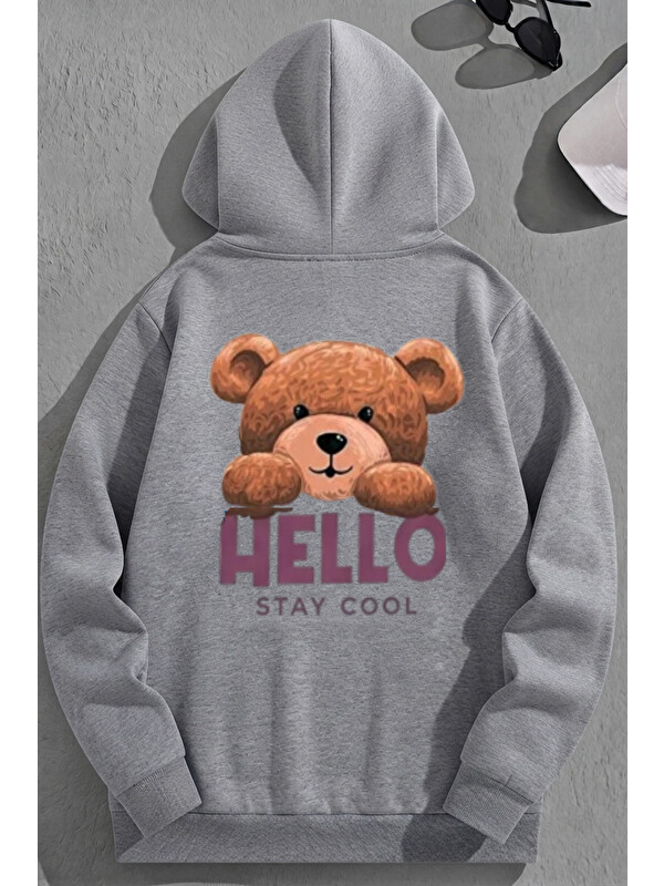 Trendseninle Unisex 3 İplik Pamuklu Gri HELLO Bol Kalıp Sweatshirt Hoodie