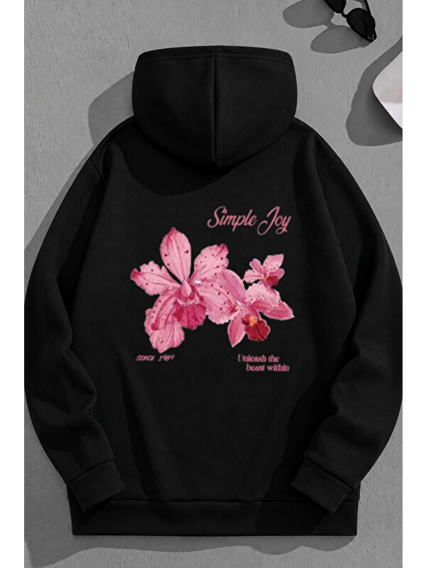 Trendseninle Unisex 3 İplik Pamuklu Siyah SimpleJoy Baskı Bol Kalıp Sweatshirt Hoodie