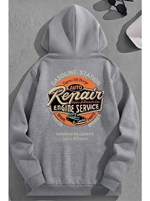 Trendseninle Unisex 3 İplik Pamuklu Gri RepairES Baskı Bol Kalıp Sweatshirt Hoodie